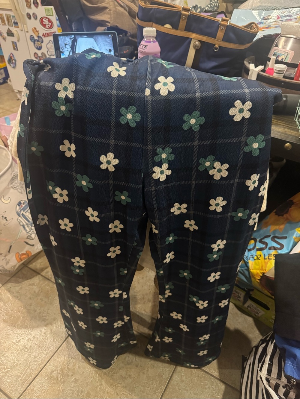 Navy Plaid Floral Pants